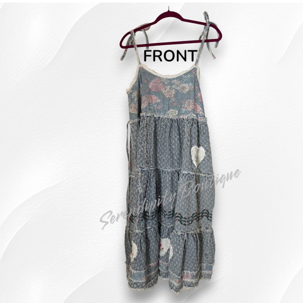 POL Bohemian Girly Cowgirl Strappy Denim Tiered Patchwork Maxi Eyelet Jean Dress - Picture 5 of 12